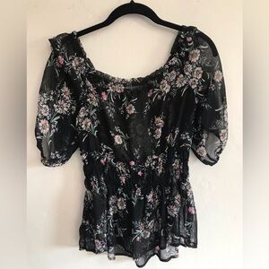 Love & Design Blouse Women's Small Sheer Babydoll Floral Whimsigoth Goth